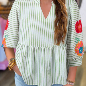 Green Stripe Flower Puff Sleeve Notched V Neck Babydoll Blouse