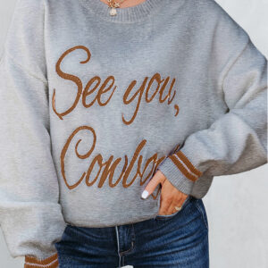 Light Grey See You Cowboy Embroidered Western Graphic Sweater