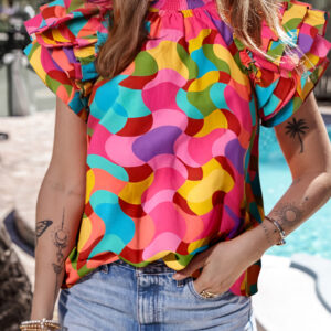 Rose Red Dramatic Ruffle Sleeve Smock Neck Wavy Print Top