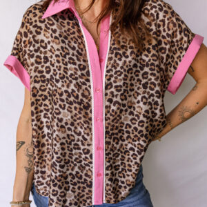 Leopard Print Contrasted Trim Animal Short Sleeve Shirt