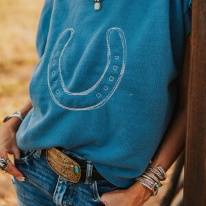 Light Blue Horse Shoe Embroidered Loose Short Sleeve Sweater