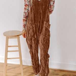 Chicory Coffee Velvet Adjustable Straps Patched Pocket Sleeveless Jumpsuit