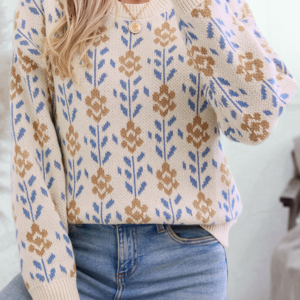 Apricot Floral Pattern Crew Neck Sweater