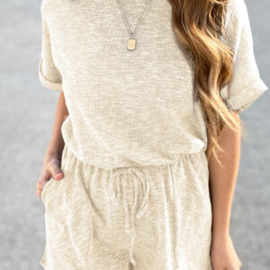 Beige Ribbed Elastic Waist Romper