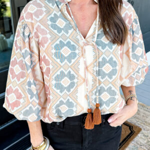 Khaki Geometric Print Tassel Tie Split Neck Balloon Sleeve Blouse