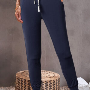 Navy Blue Drawstring Elastic Waistband Pocketed Joggers