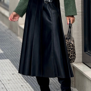 Black Faux Leather Retro Buckle Detail Pleated Stitch Flared Midi Skirt