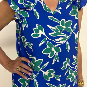 Blue V Neck Floral Print Double Ruffled Short Sleeve Blouse