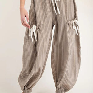 Brown Stripe Drawstring Cargo Jogger Pants with Pockets