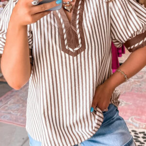 Khaki Stripe Collared Split Neck Short Bubble Sleeve Blouse