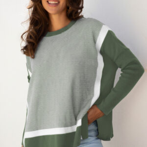 Green Stripe Color Block Patchwork Dolman Oversize Tunic Sweater
