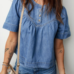 Beau Blue Seam Pleated Detail Half Button Short Sleeve Denim Top