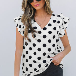 White Polka Dot Print Ruffled Sleeve V Neck Blouse