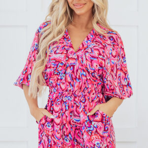 Pink Abstract Print Puff Sleeve V Neck High Waist Romper