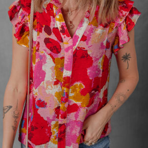 Red Abstract Print Split V Neck Ruffle Short Sleeve Blouse
