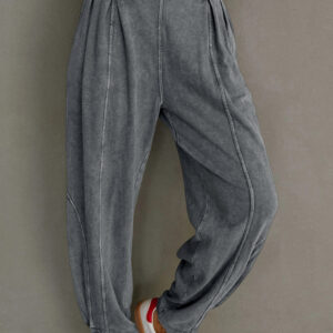 Medium Grey Mineral Wash Jogger Style High Waist Casual Pants