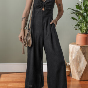 Black Front Cut Out Smocked Back Sleeveless Wide Leg Jumpsuit
