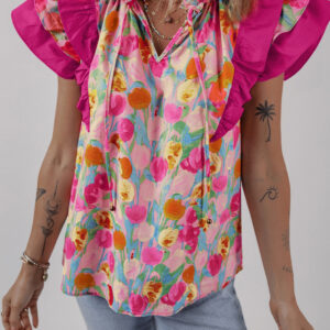 Pink Floral Layered Ruffle Flutter Sleeve Tie V Neck Blouse