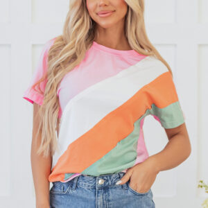 Pink Color Block Patchwork Seamed Crewneck T Shirt