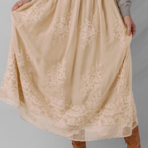 Oatmeal Embroidered Mesh Overlay Flowy Long Skirt