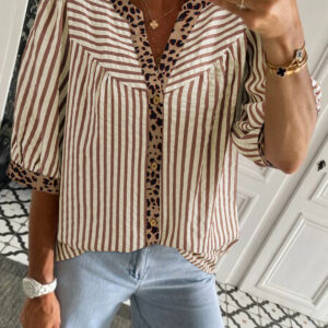 Brown Stripe Leopard Trim V Neck Button Down Half Sleeve Shirt
