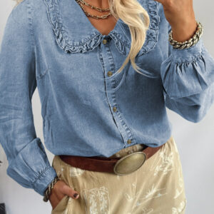 Beau Blue Ruffled Peter Pan Collar Western Denim Shirt