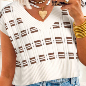 White Contrast Geometric Textured Knit V Neck Cropped Sweater Vest