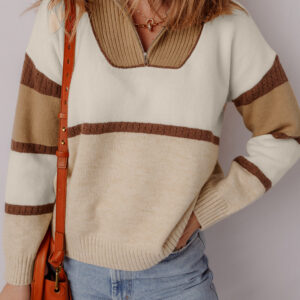 Parchment Colorblock Zipped Collared Pullover Sweater