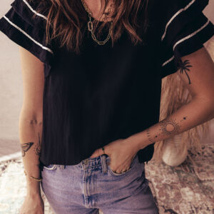 Black Contrast Trim Dual Ruffle Short Sleeve Textured Blouse