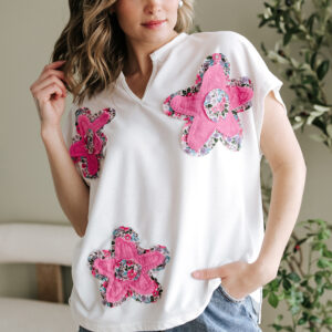 White Floral Applique Notched V Neck Dolman Sleeve Top