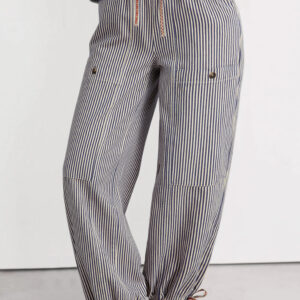Khaki Stripe Button Patch Pocket Drawstring Elastic Waist Loose Pants