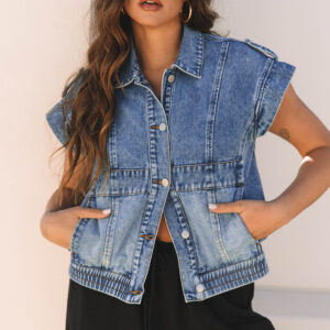 Ashleigh Blue Acid Wash Elastic Hem Button Up Denim Vest