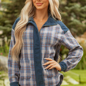 Gray Plaid Corduroy Patchwork Collared Zip Up Snap Button Jacket