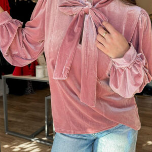 Fushia Solid Color Velvet Ribbon Bow Knot Long Sleeve Blouse