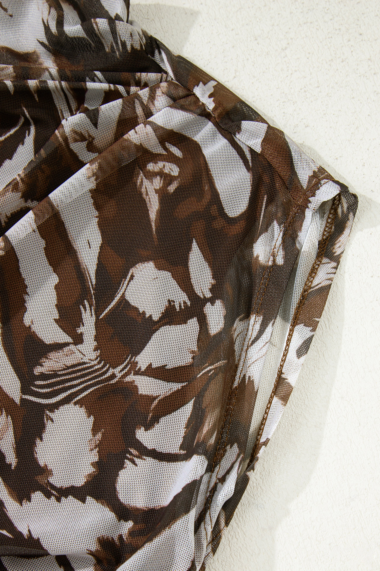 Brown Abstract Print Mesh Cowl Neck Cap Sleeve Ruched Midi Dress with Slit - Image 13