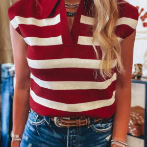 Red Stripe Collared Split Neck Sweater Vest