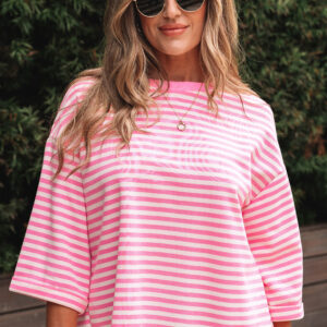 Pink Stripe Bowknot Cutout Back Drop Shoulder Wide Bracelet Sleeve Loose Tee