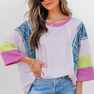 Purple Stripe Floral Color Block Raw Edge Patchwork Bracelet Sleeve Blouse
