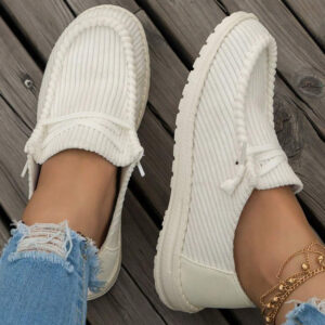 White Solid Ribbed Criss Cross Slip On Casual Shoes