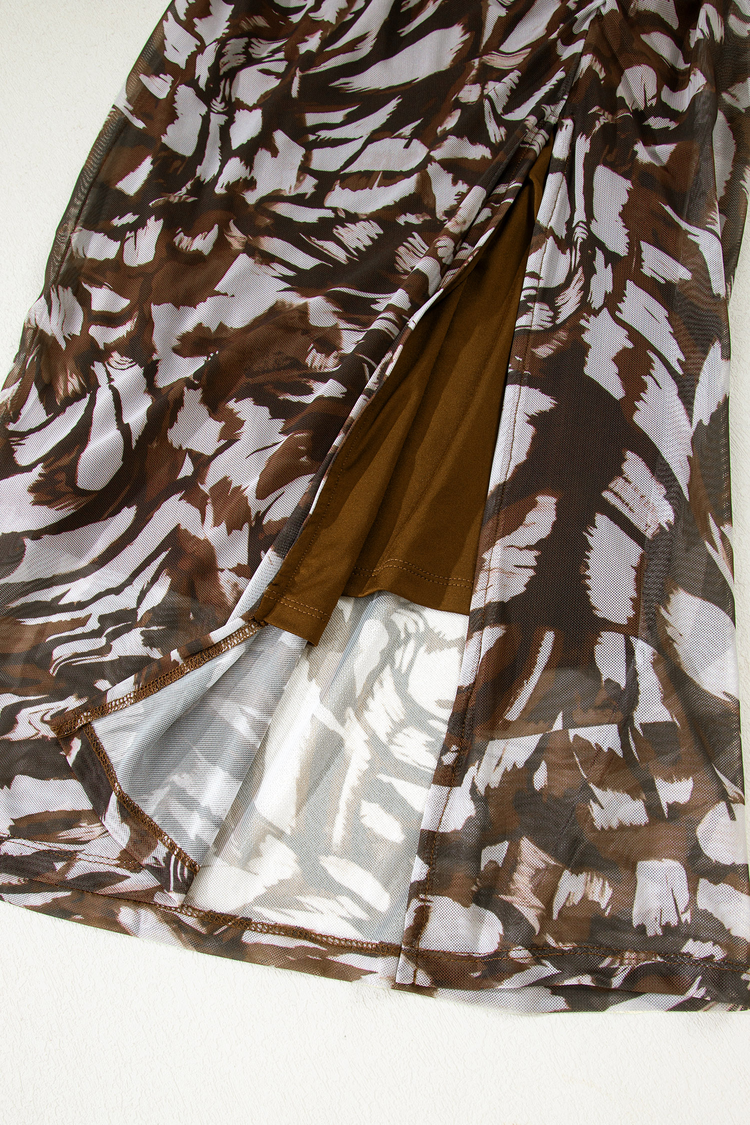 Brown Abstract Print Mesh Cowl Neck Cap Sleeve Ruched Midi Dress with Slit - Image 11