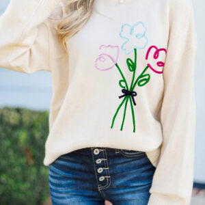 White Embroidered Flower Bouquet Ribbed Trim Loose Sweater