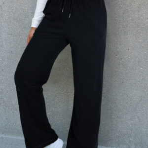 Black Solid Color Fleece Lined Drawstring Waist Casual Pants