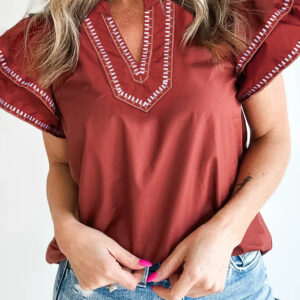 Clay Contrast Trim Flutter Sleeve V Neck Blouse