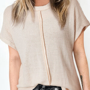 Pale Khaki Solid Color Textured Seamed Short Sleeve Top
