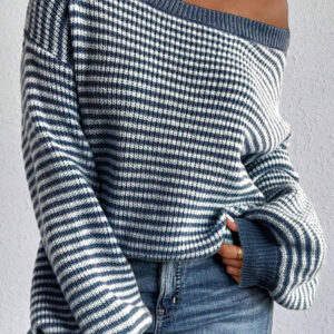 Sail Blue Striped Lantern Sleeve Drop Shoulder Cozy Sweater