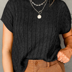 Black Crew Neck Cable Knit Short Sleeve Sweater