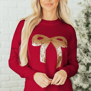 Fiery Red Sequined Bow Graphic Christmas Holiday Sweater