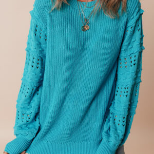 Turquoise Ruffled Eyelet Bubble Sleeve Sweater