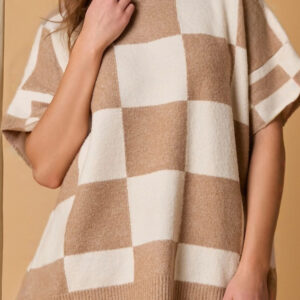 Light French Beige Checkered Pattern Loose Drop Shoulder Half Sleeve Sweater