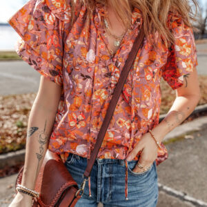 Orange Floral Print Ruffled Flutter Sleeve Frilled V Neck Blouse